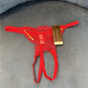 Youmita Red Butterfly Lace Strappy Thong Panty Lingerie OS NWT